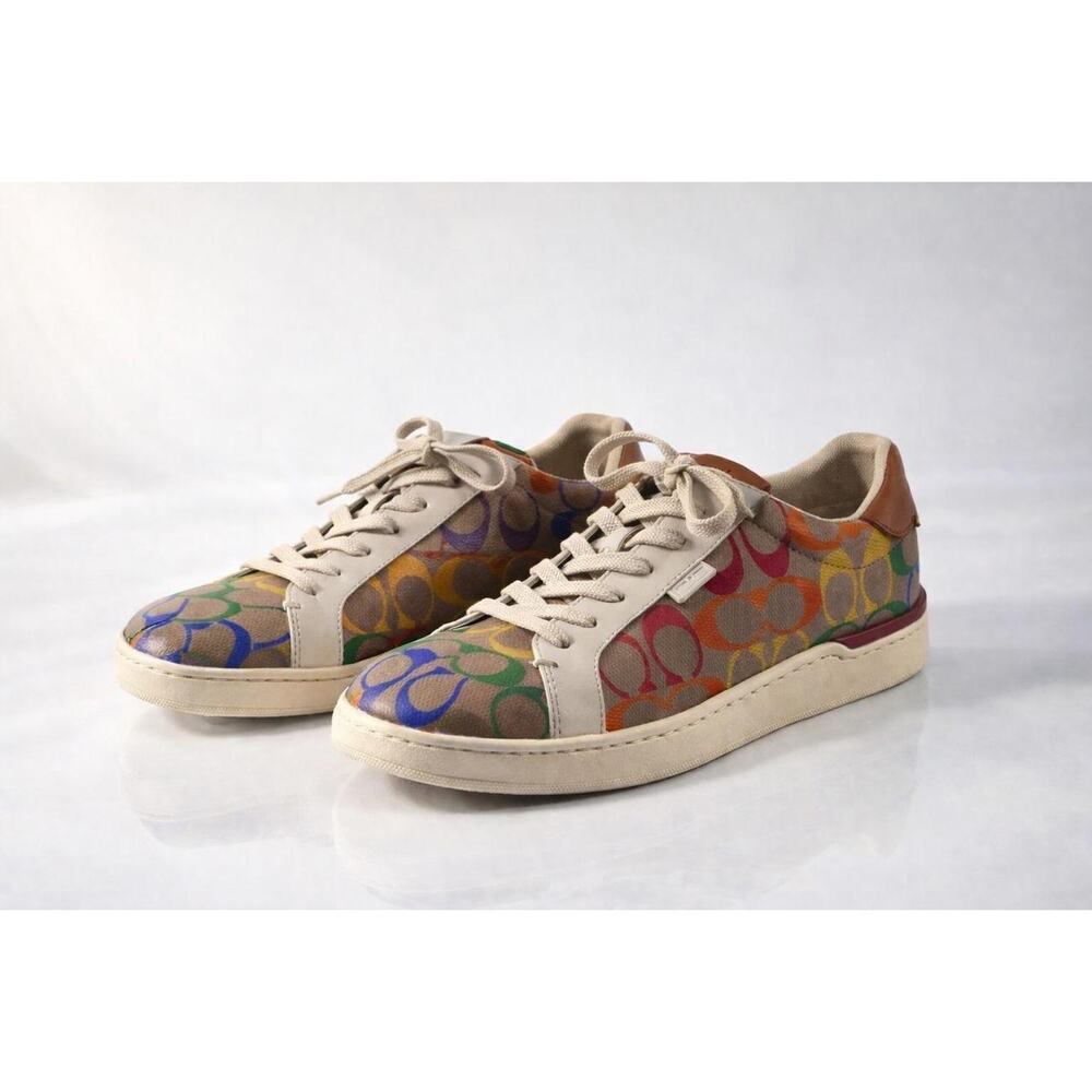 Coach Low Top Sneakers Rainbow Signature C Monogram‎ Khaki Multi Leather Trim